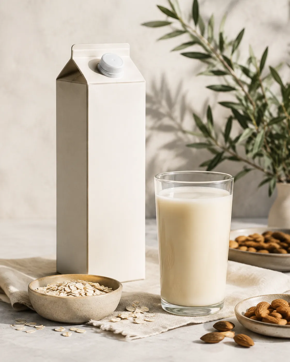 A plain carton turned to show a blank ingredients panel beside a poured glass
