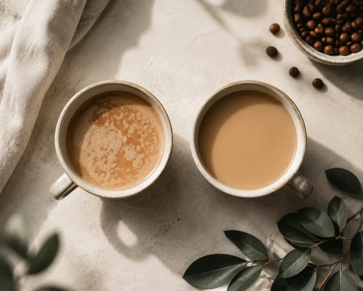 Two cups of coffee side by side, the left flecked and split and the right smooth