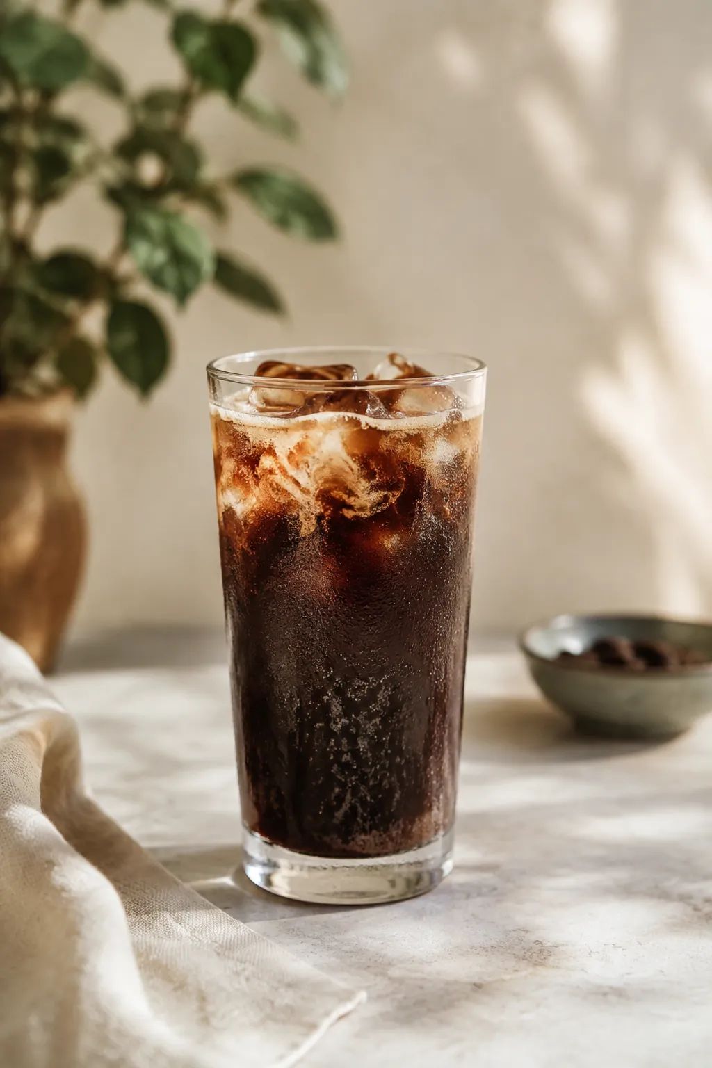 A tall glass of iced coffee with fine pale flecks of split milk suspended through it