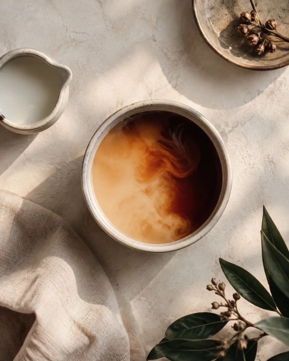 A cup of black tea with plant milk poured in, a faint separation visible on the surface