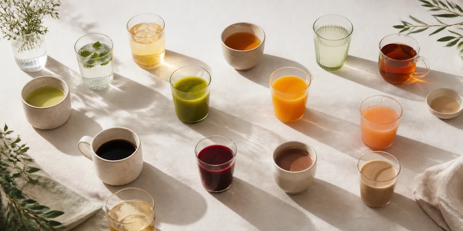 Tea, coffee, cocoa, juice, and water in plain glasses on a pale surface