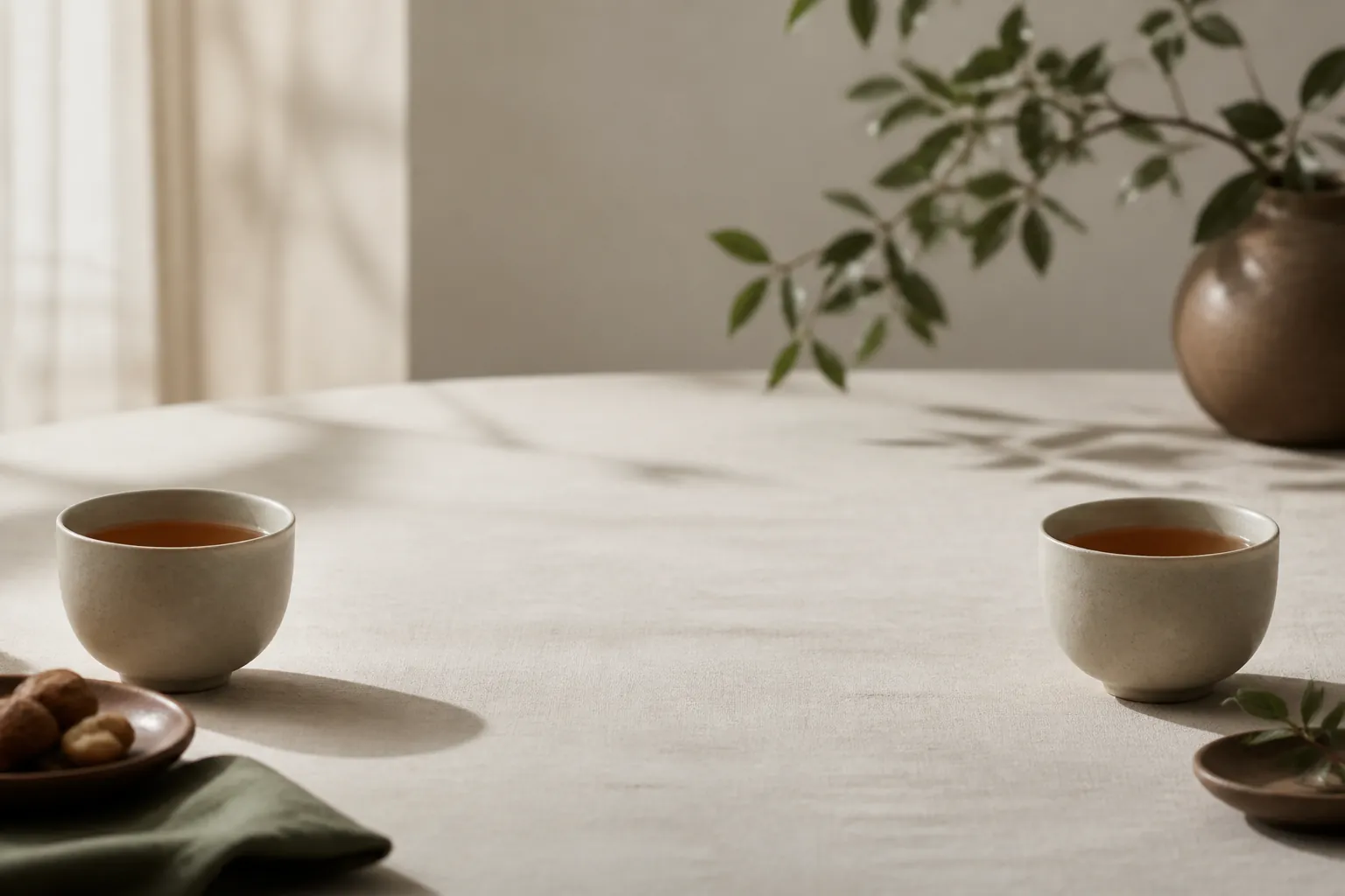 Two cups of tea placed opposite each other across a wide table