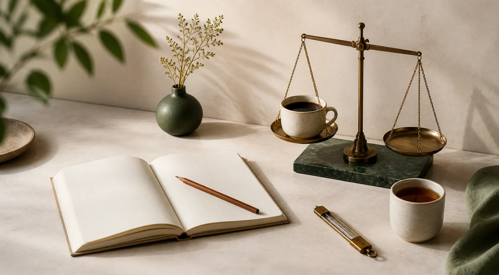 A notebook, a scale with coffee, a thermometer, and a cup of tea