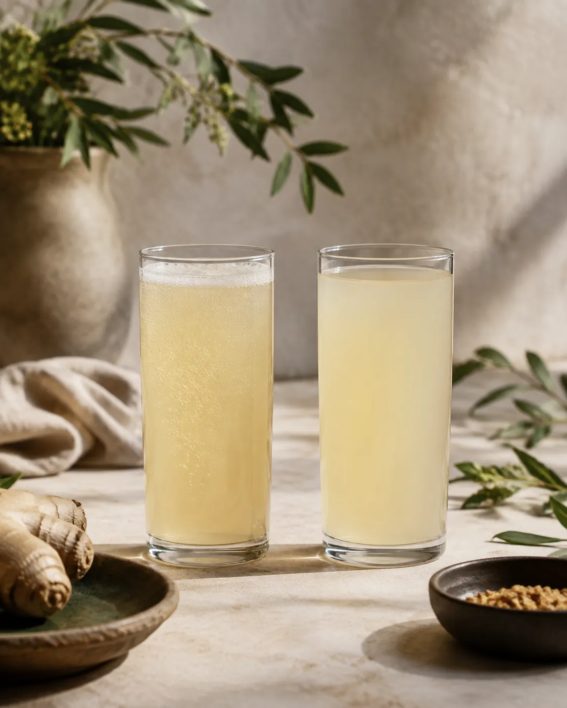 Two glasses of cloudy pale yellow soft drink side by side, the left crowded with rising bubbles and the right still and flat with none