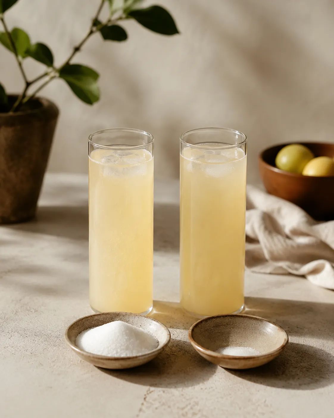 Two glasses of cloudy pale yellow soft drink, each with a dish of sugar in front, the left heaped and the right nearly empty