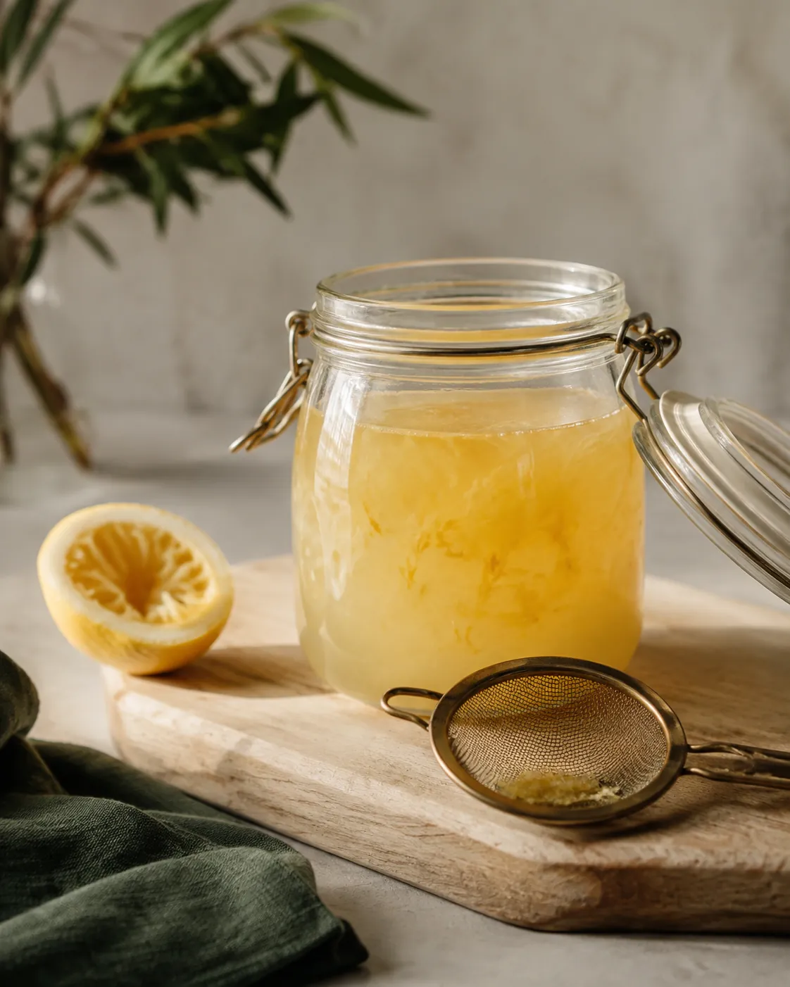 A glass jar of cloudy lemon syrup with strips of yellow zest and white pith suspended in it, a squeezed lemon half beside it