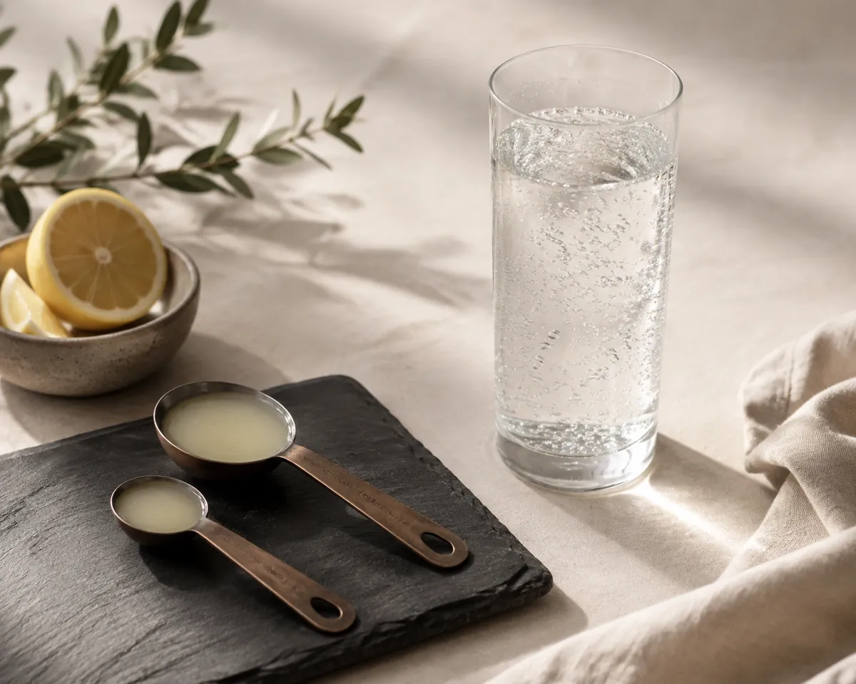 A teaspoon and a tablespoon of pale lemon juice resting on a dark slate surface beside a tall glass of clear sparkling water