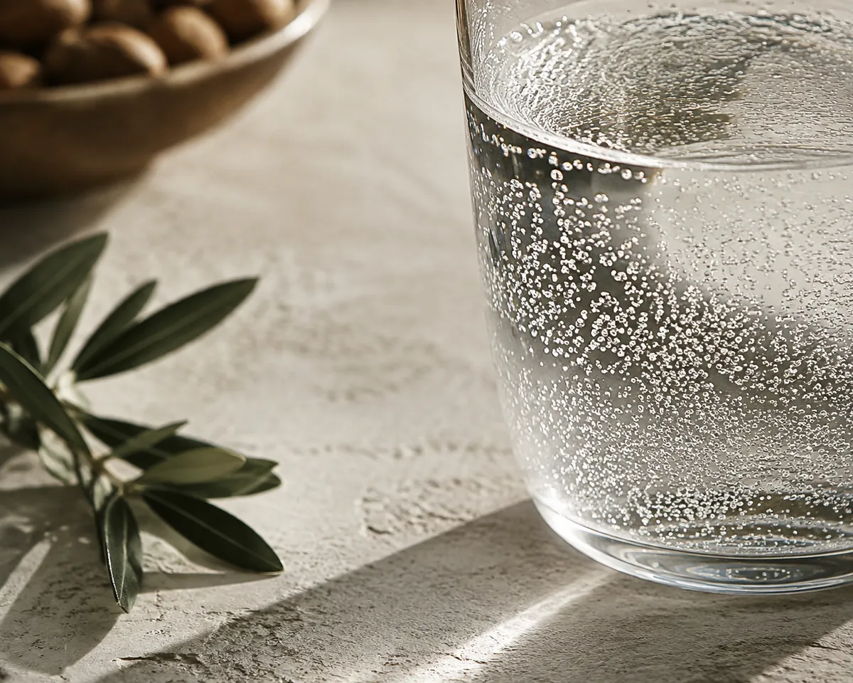A close view of fine carbonation bubbles clinging to the inside wall of a clear glass of sparkling water, backlit against a dark ground