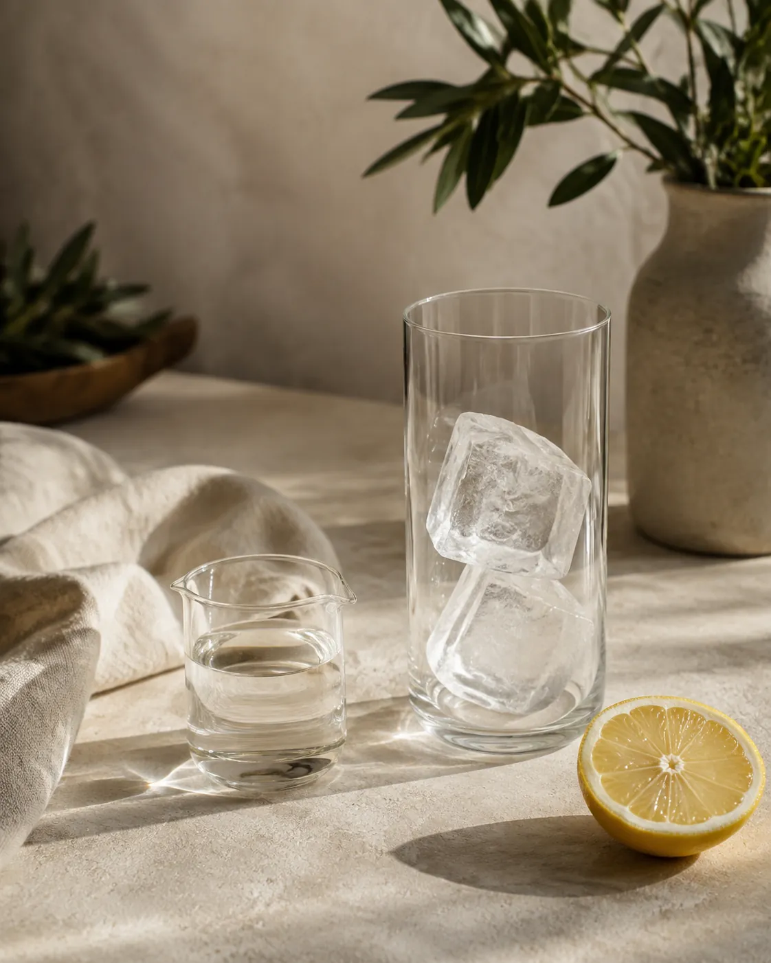 Two large clear ice cubes sitting in a tall empty glass beside a small jug of clear syrup and a halved lemon on a dark stone counter