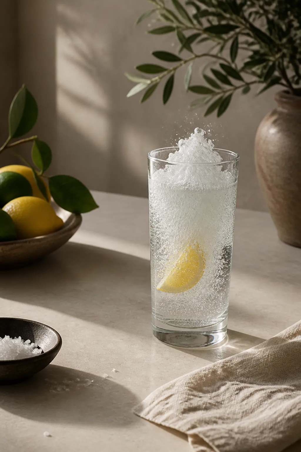 A tall glass of clear sparkling water with a lemon wedge just fallen into it and a surge of white foam rising above the liquid line