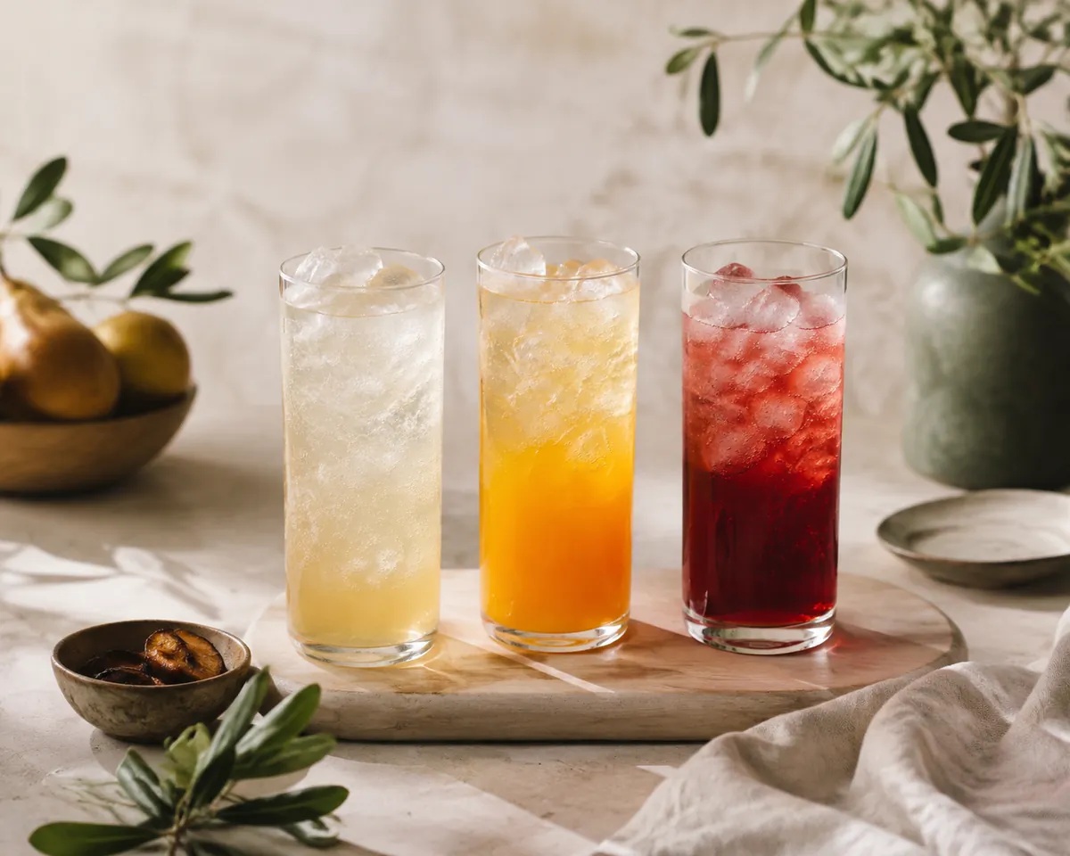 Three tall glasses of long drinks in a row over ice, one pale straw-coloured, one bright orange and one deep crimson, all topped with clear sparkling water