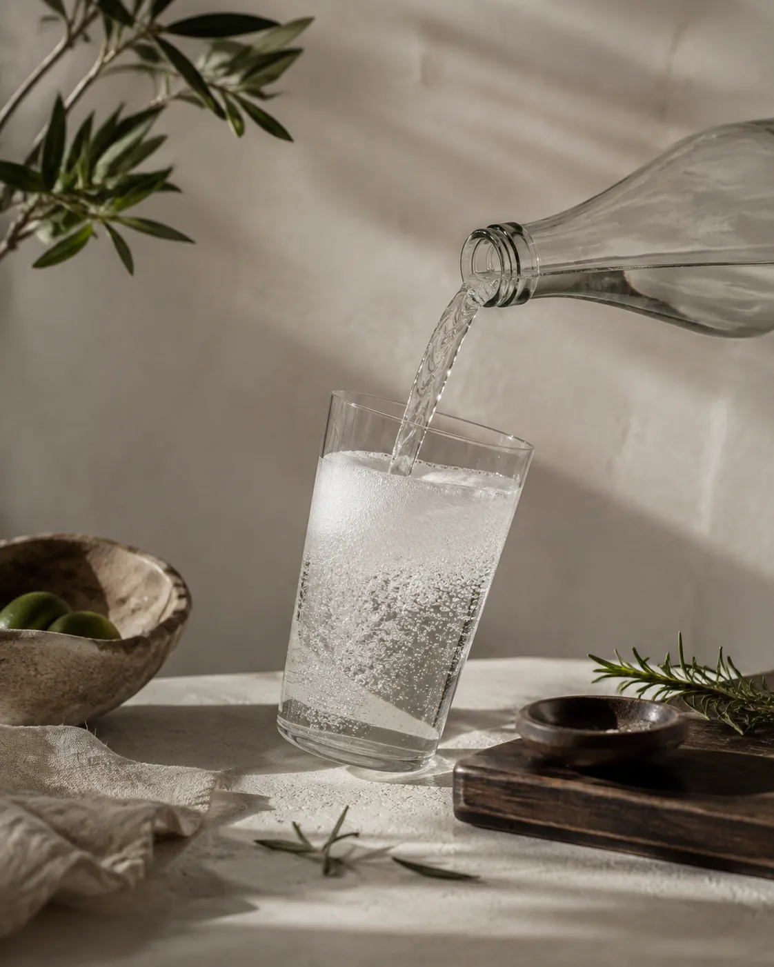 Clear carbonated water being poured from a plain unlabelled bottle into a tilted highball glass, a head of fine foam forming at the surface