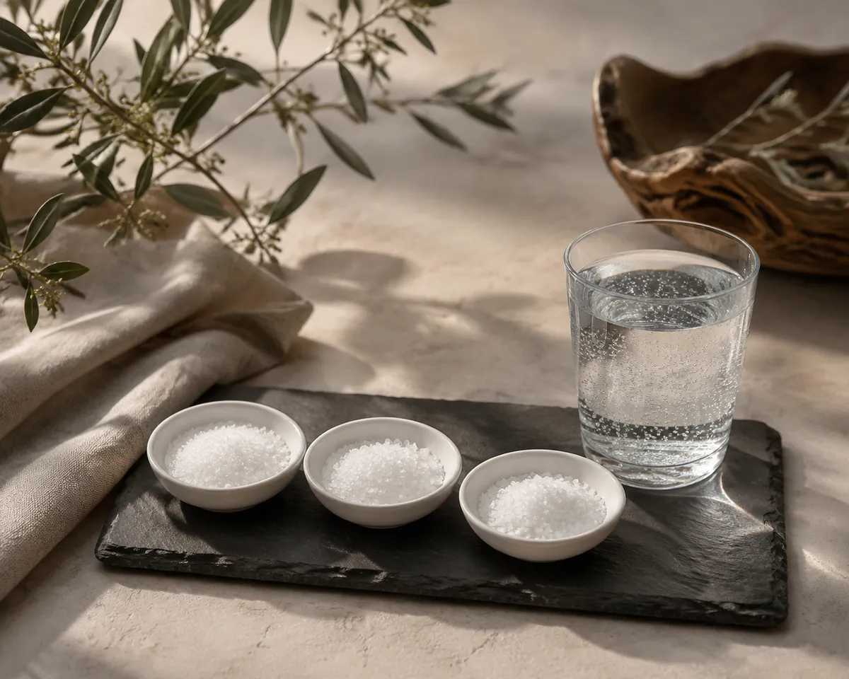 Three small white porcelain dishes of fine white crystalline salts arranged on a dark slate surface beside a filled glass of clear sparkling water