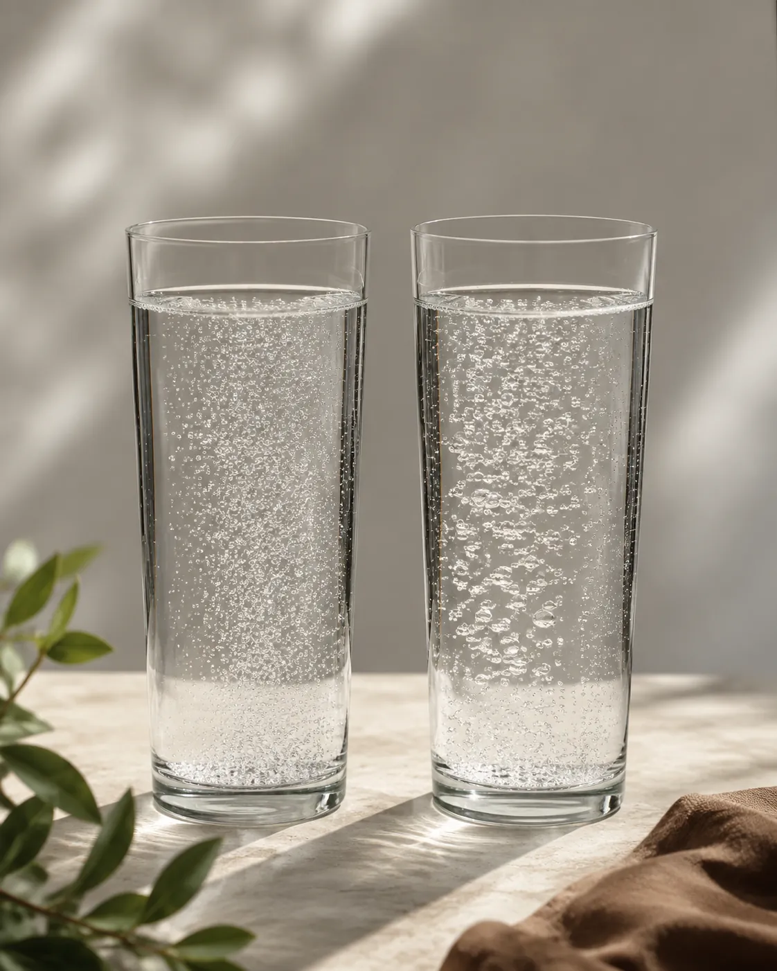 Two identical tall glasses of clear carbonated water standing side by side against a soft grey background, backlit to show their rising bubbles