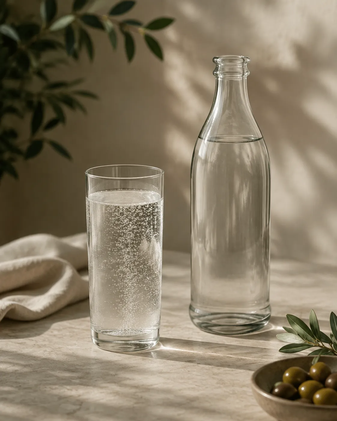 A tall glass of clear club soda beside a plain unlabelled bottle, backlit to show fine rising bubbles