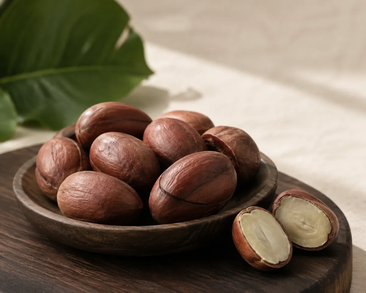 A small dish of whole reddish-brown kola nuts with one split open to show the pale interior