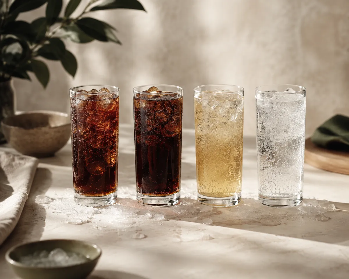 Four straight glasses in a row over ice holding dark cola, dark root beer, pale gold ginger ale and clear tonic