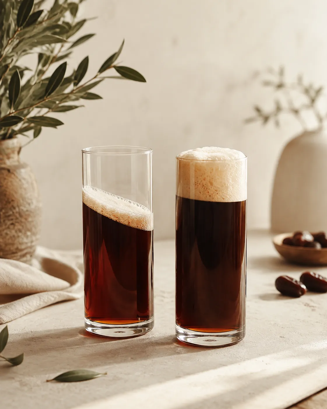 Two tall glasses of cola side by side, the left carrying a thin sloped collar of foam and the right sitting under a thick foam head
