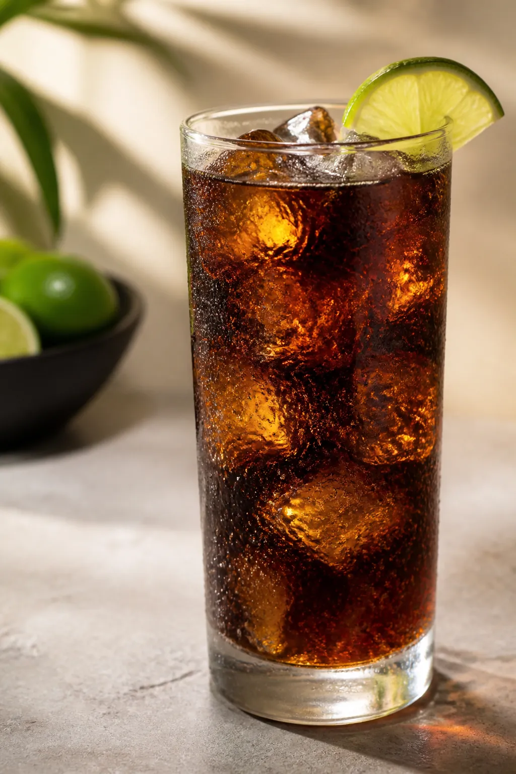 A tall glass of dark cola with ice and rising bubbles on a pale stone surface