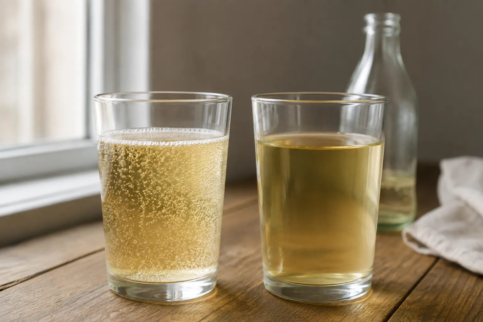 Two glasses of ginger ale compared side by side, one lively with fine bubbles and one visibly flat beside an opened bottle