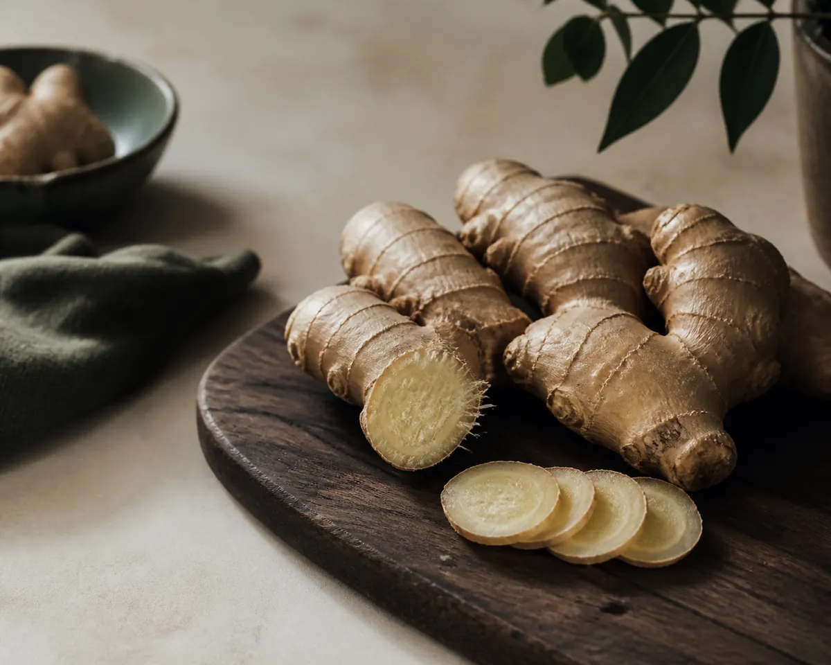 A knobbly hand of fresh ginger with one piece snapped open to show the pale fibrous flesh