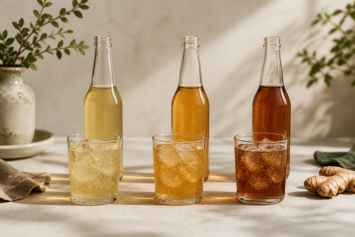 Three glasses of ginger ale in a row, ranging from pale straw to deep amber, each with its own bottle behind it