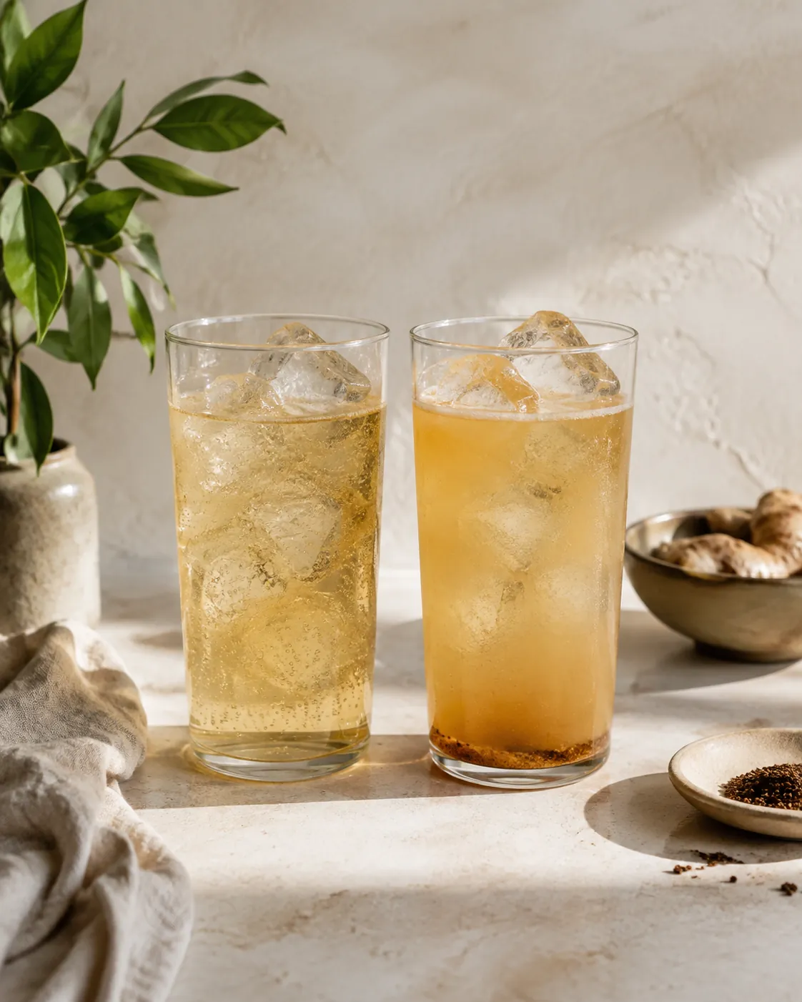 Two tall glasses of ice, the left filled with clear pale ginger ale and the right with cloudy sedimented ginger beer