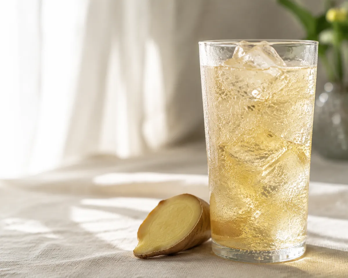 A tall glass of pale golden ginger ale with ice and fine bubbles on a pale stone surface