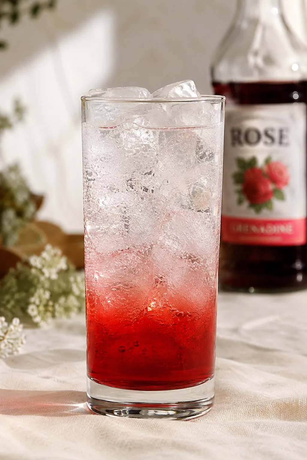 A tall glass of Italian soda with syrup layered under carbonated water and ice