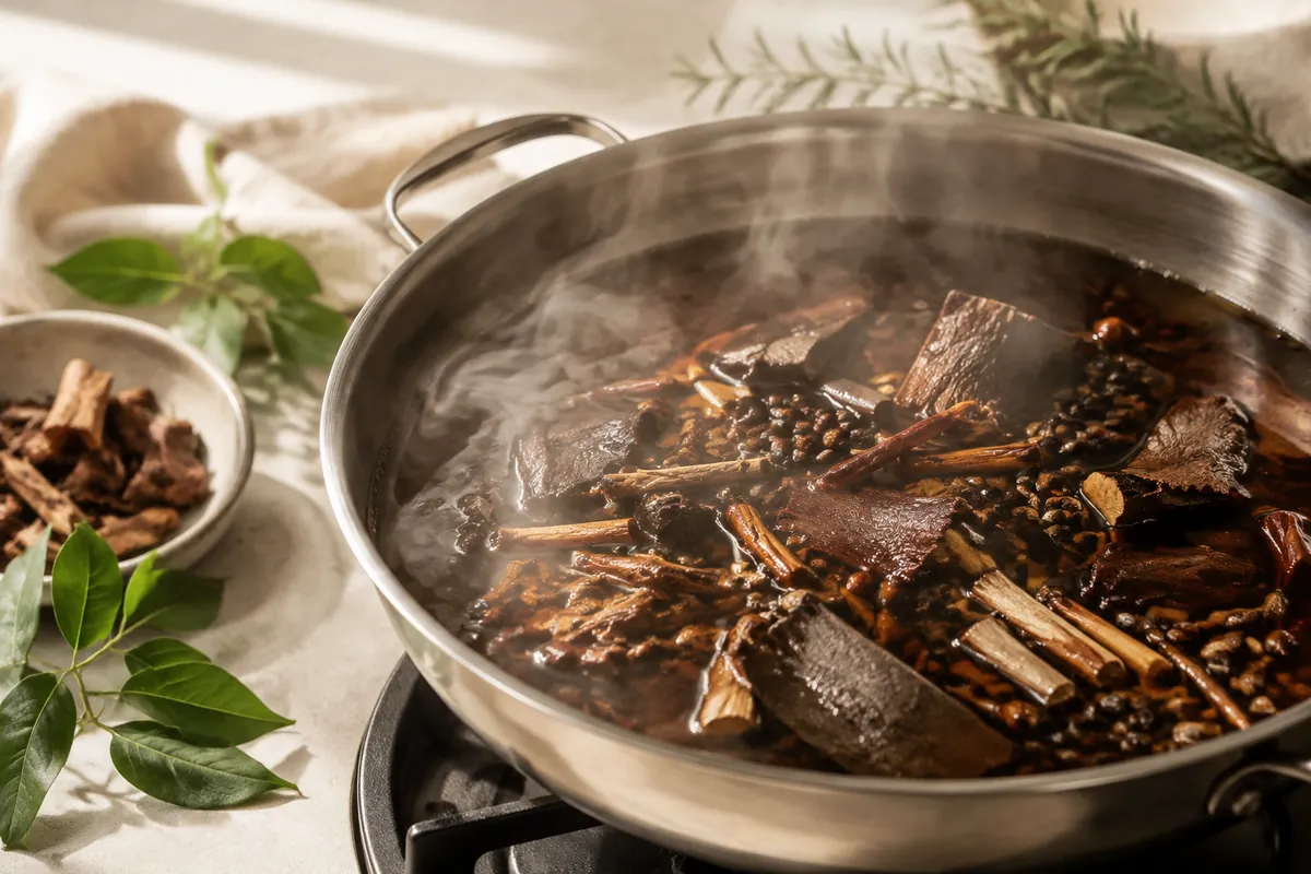 A wide pan of dark simmering liquid with pieces of sarsaparilla root, liquorice root and bark visible in it, steam rising