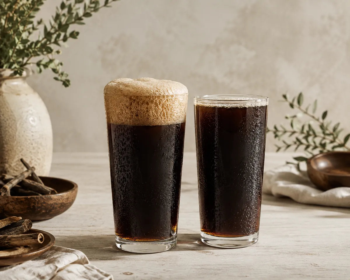 Two glasses of dark root beer side by side, the left carrying a thick tan head and the right almost flat with a thin ring of bubbles