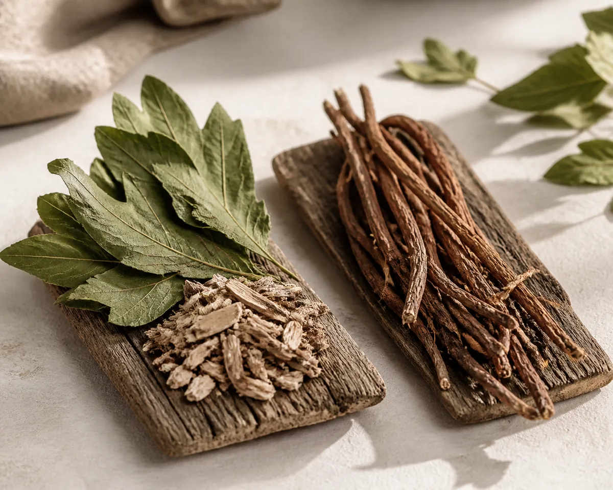 Two wooden boards of dried botanical material, the left holding lobed leaves and pale chipped root bark and the right a bundle of long thin woody root
