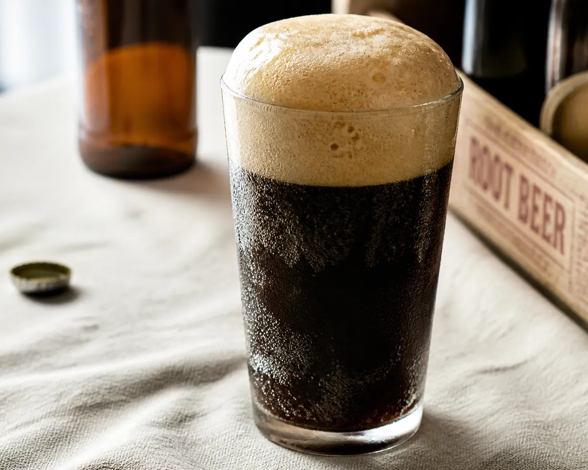 A tall glass of dark foamy root beer with a thick head on a pale stone surface