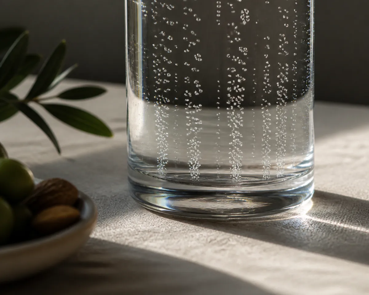 A close view of the lower half of a glass of sparkling water with fine bubbles rising in tight columns from the base