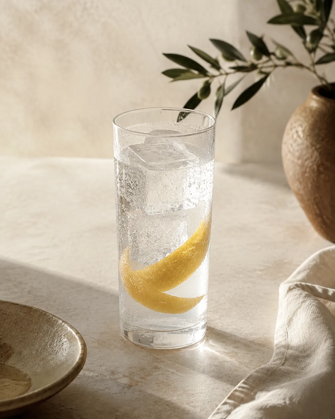 A tall glass of clear seltzer with a single wide curl of lemon peel and two large ice cubes, condensation on the outside, on a pale stone surface