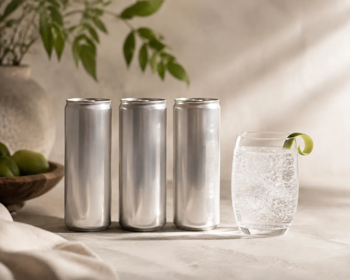 Three plain unlabelled slim cans standing beside a poured glass of colourless sparkling water with a curl of lime peel resting on the rim