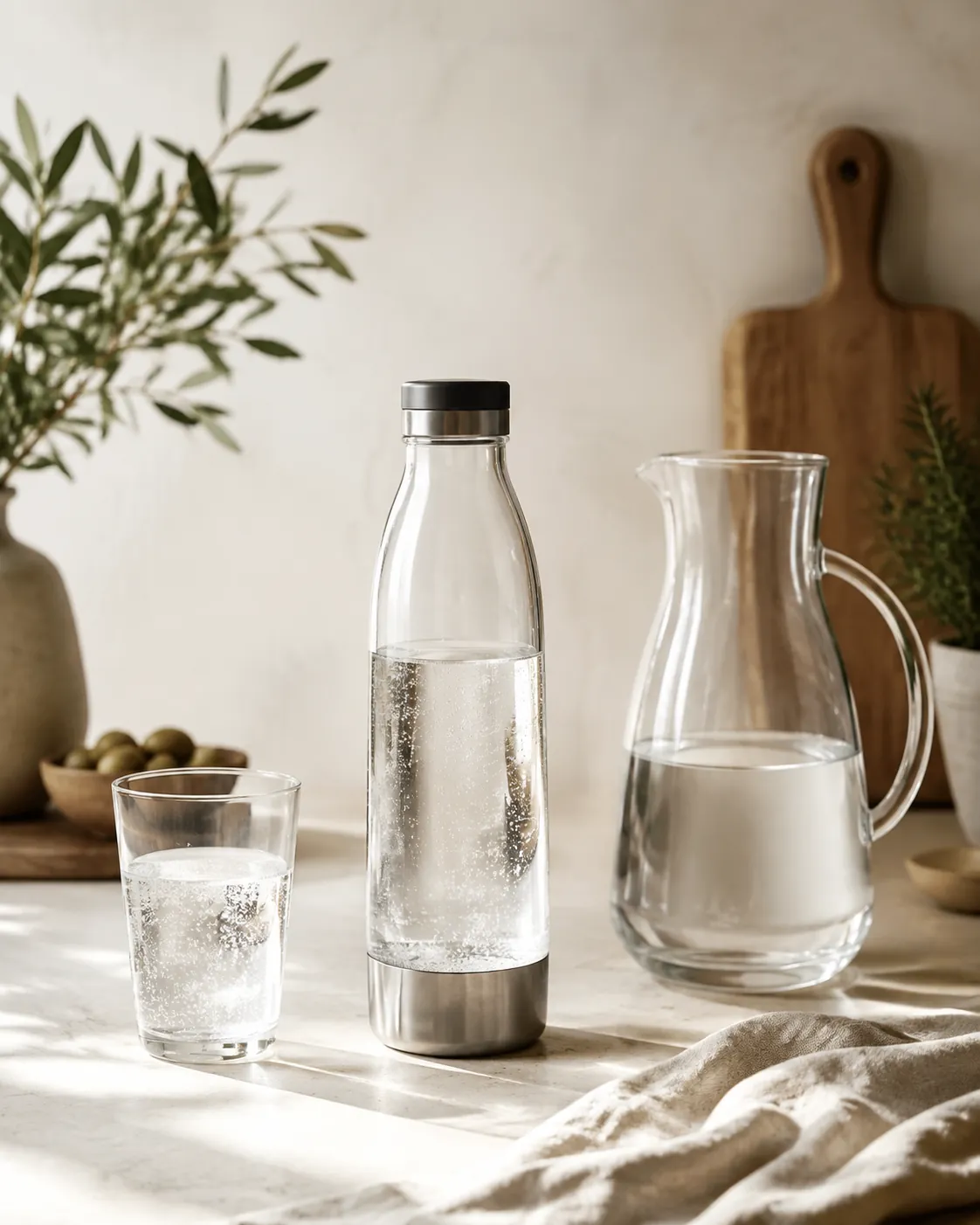 A plain carbonating bottle standing on a kitchen counter beside a filled glass of clear sparkling water and a jug of filtered water