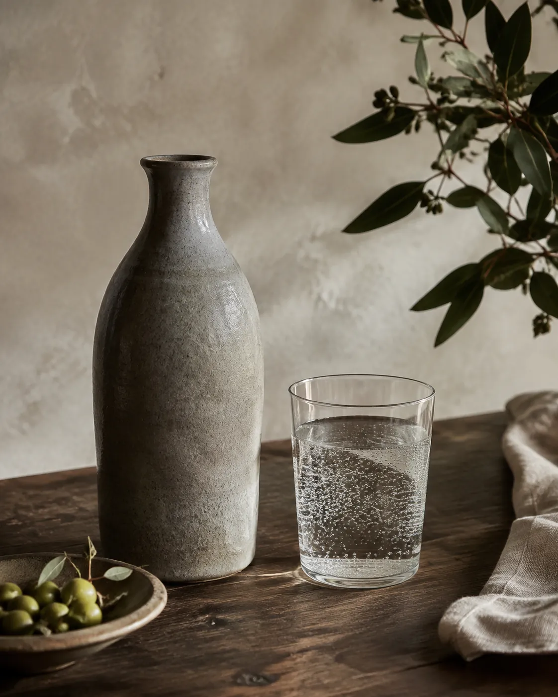 A plain unmarked grey stoneware jug with a narrow neck standing on a dark wooden table beside a filled clear glass