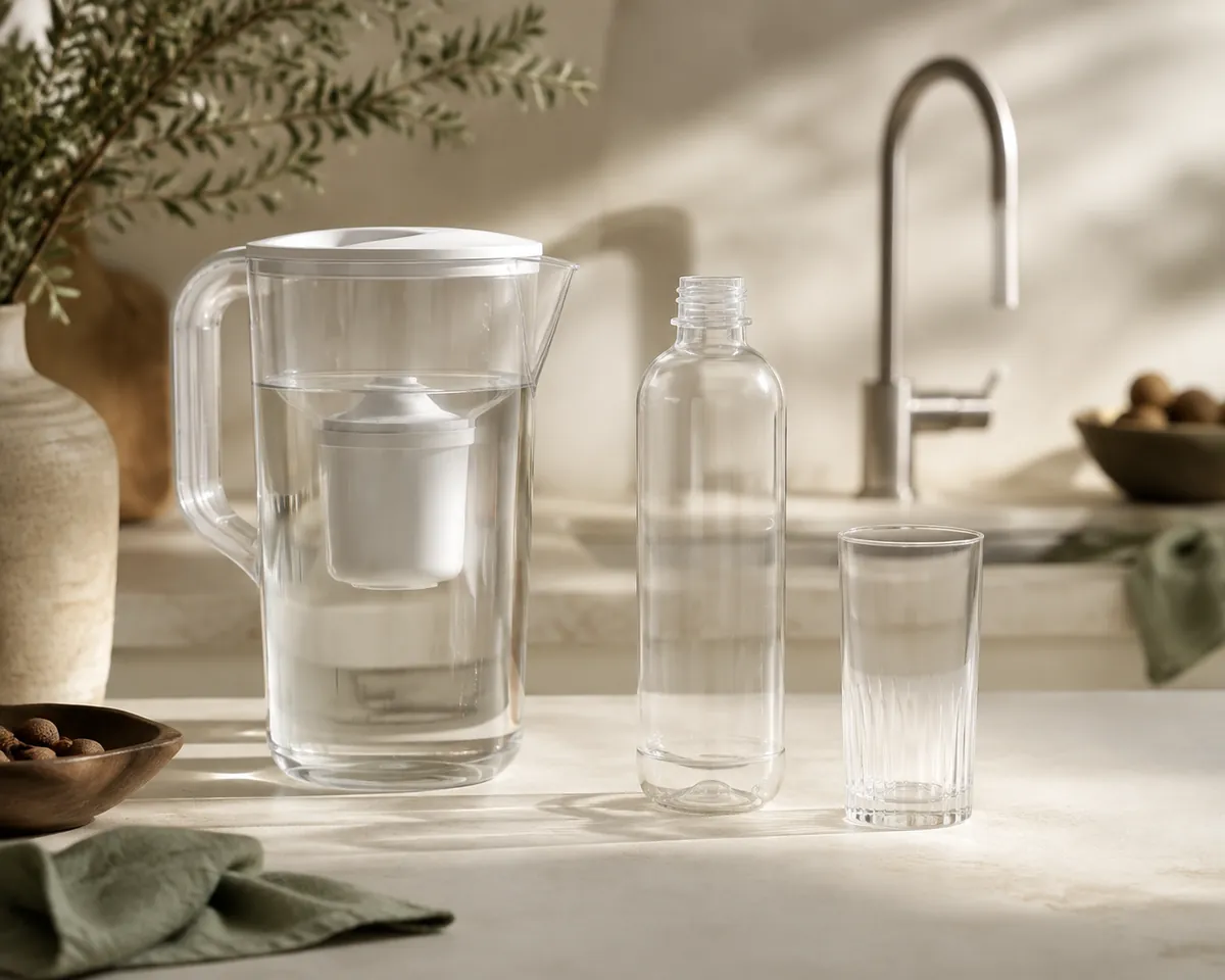 A clear filter jug of water beside an empty carbonating bottle and an empty glass on a kitchen counter