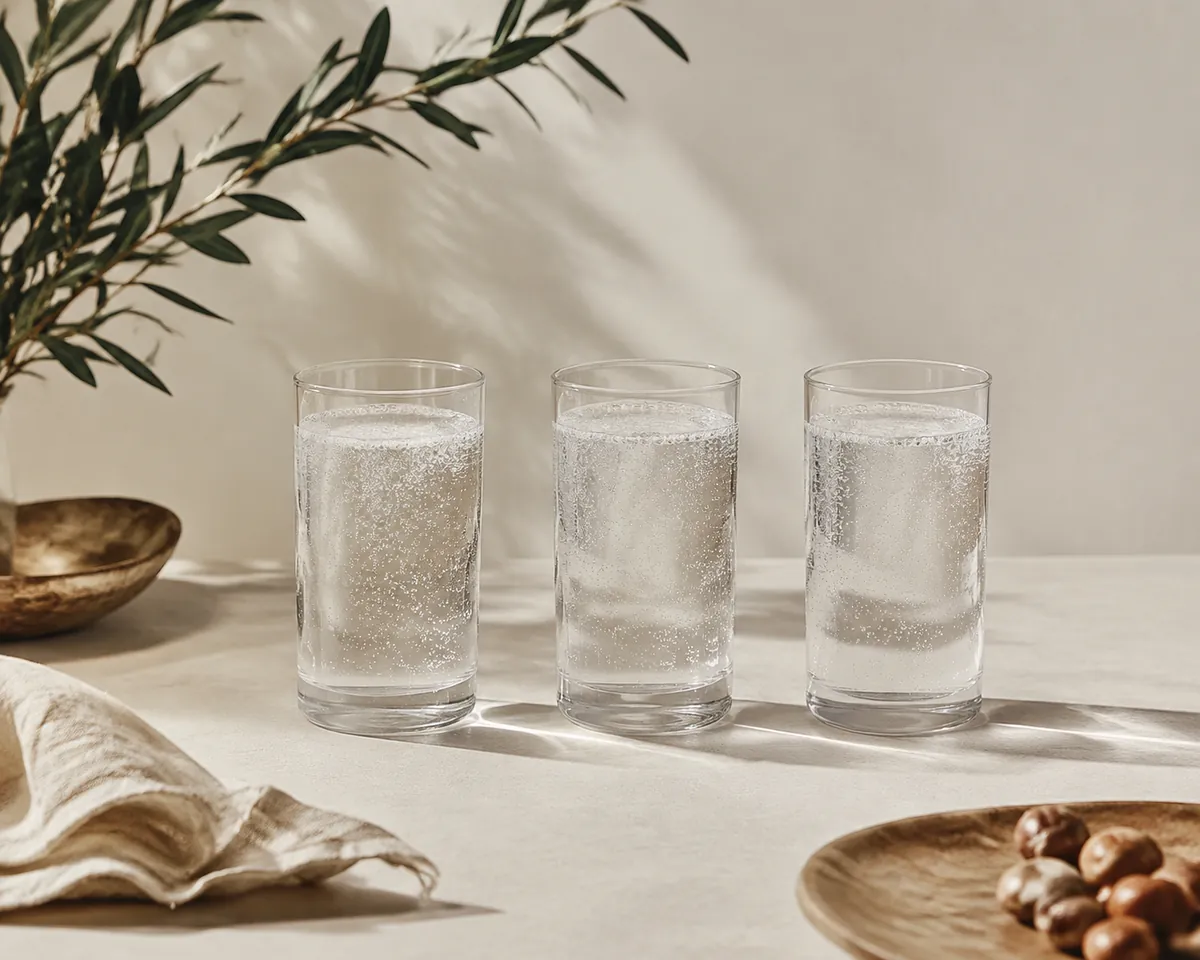 Three identical clear glasses of sparkling water standing in a row on a grey surface, indistinguishable from one another