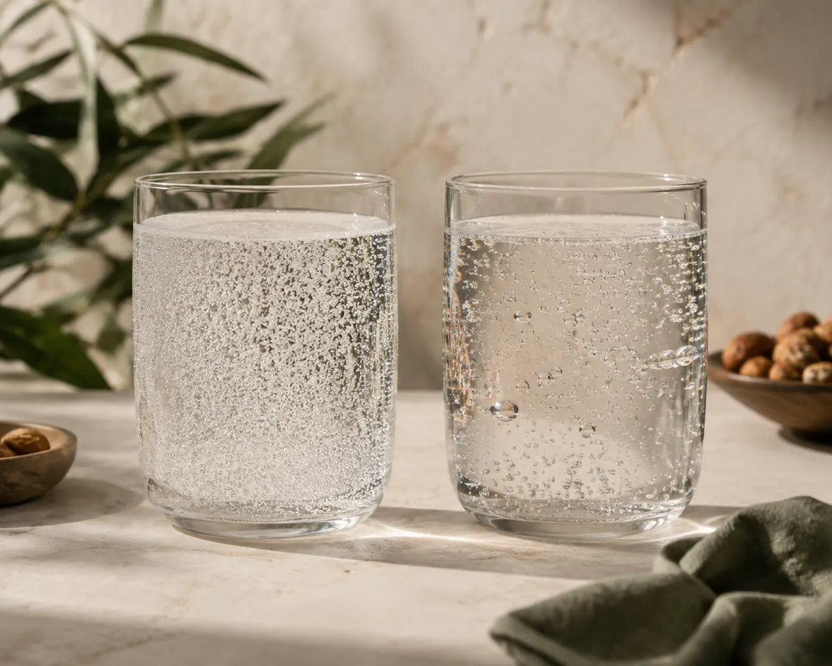 A close view of two glasses of carbonated water side by side, the left with fine dense bubbles and the right with larger sparser ones