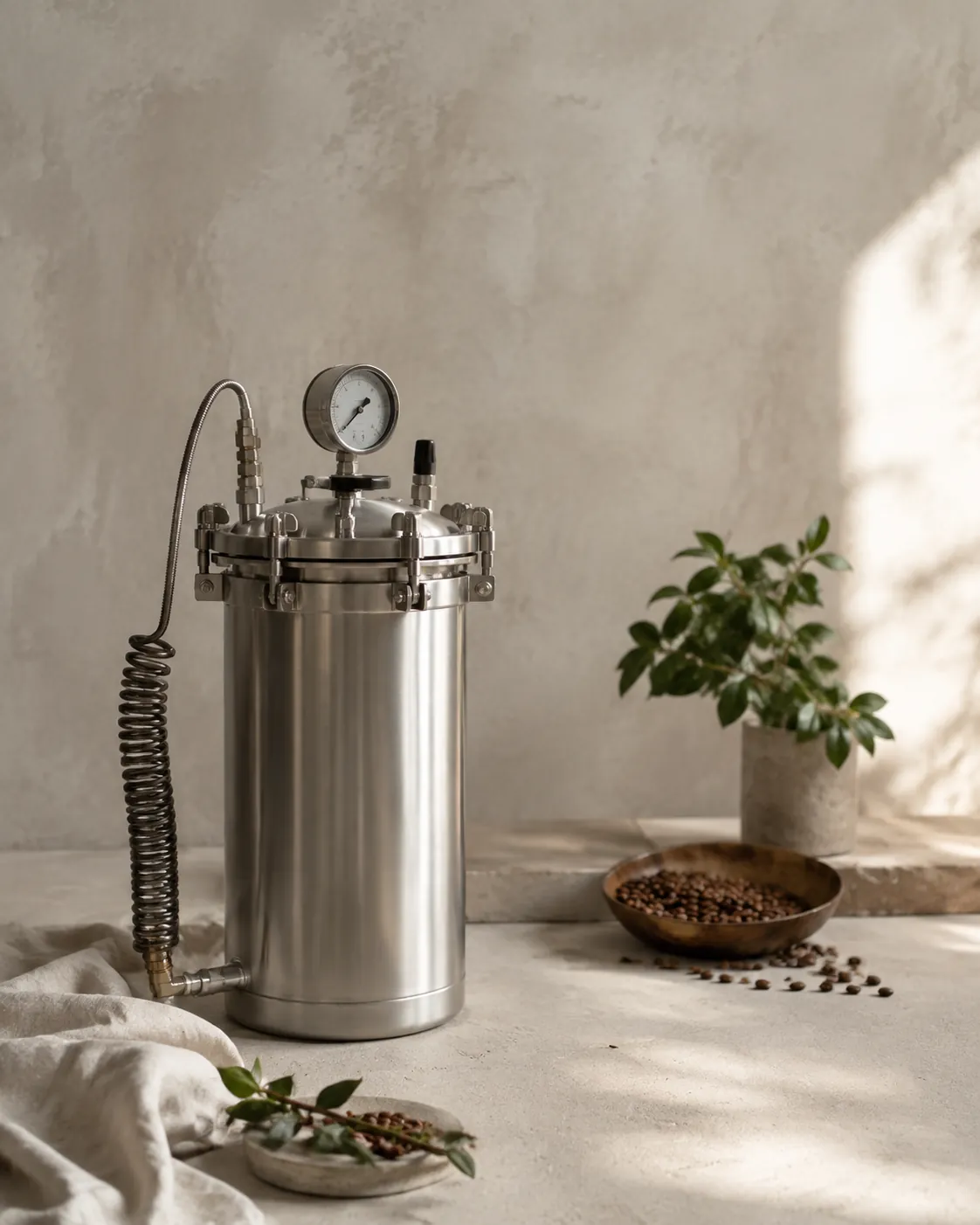 A stainless steel pressure vessel with a gauge and a coiled hose standing in a plain industrial room, no text visible