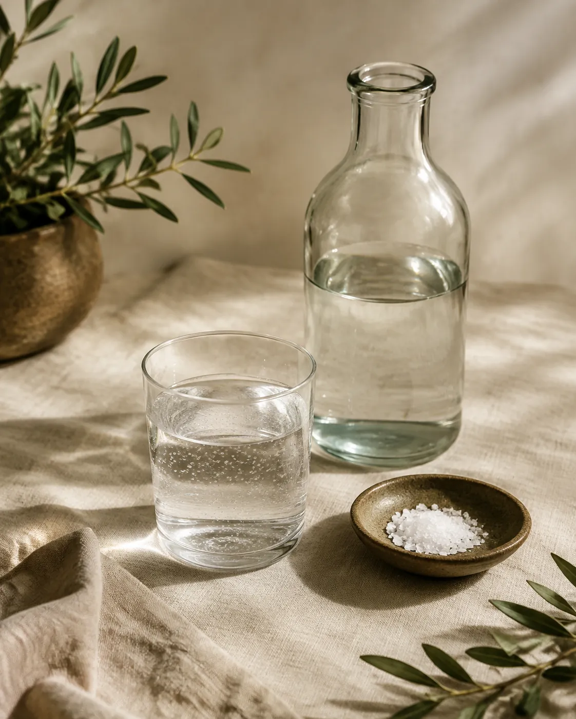 A plain glass of clear sparkling water, an unlabelled bottle and a small dish of coarse salt arranged together on a warm linen cloth