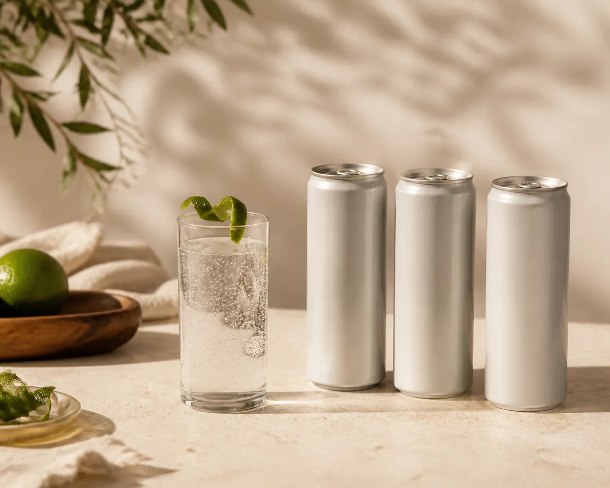 Three plain unlabelled slim cans standing beside a poured glass of colourless sparkling water with a curl of lime peel on the rim