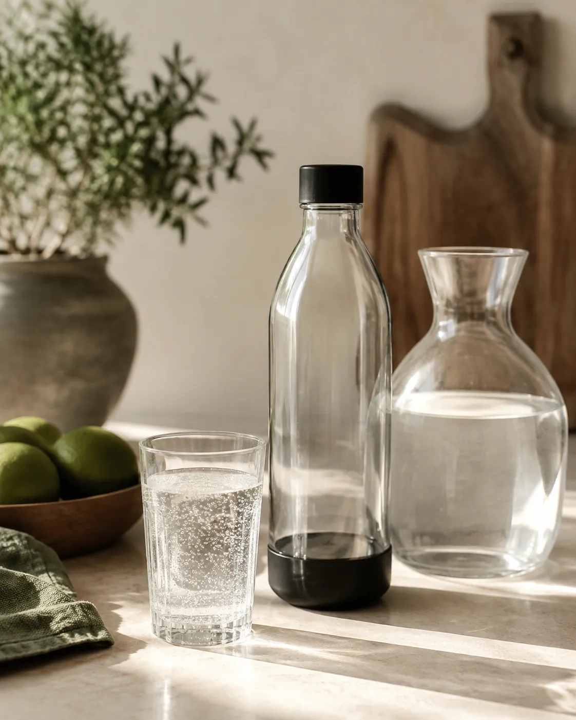 A carbonating machine on a kitchen counter with its bottle screwed in, a filled glass of clear sparkling water beside it