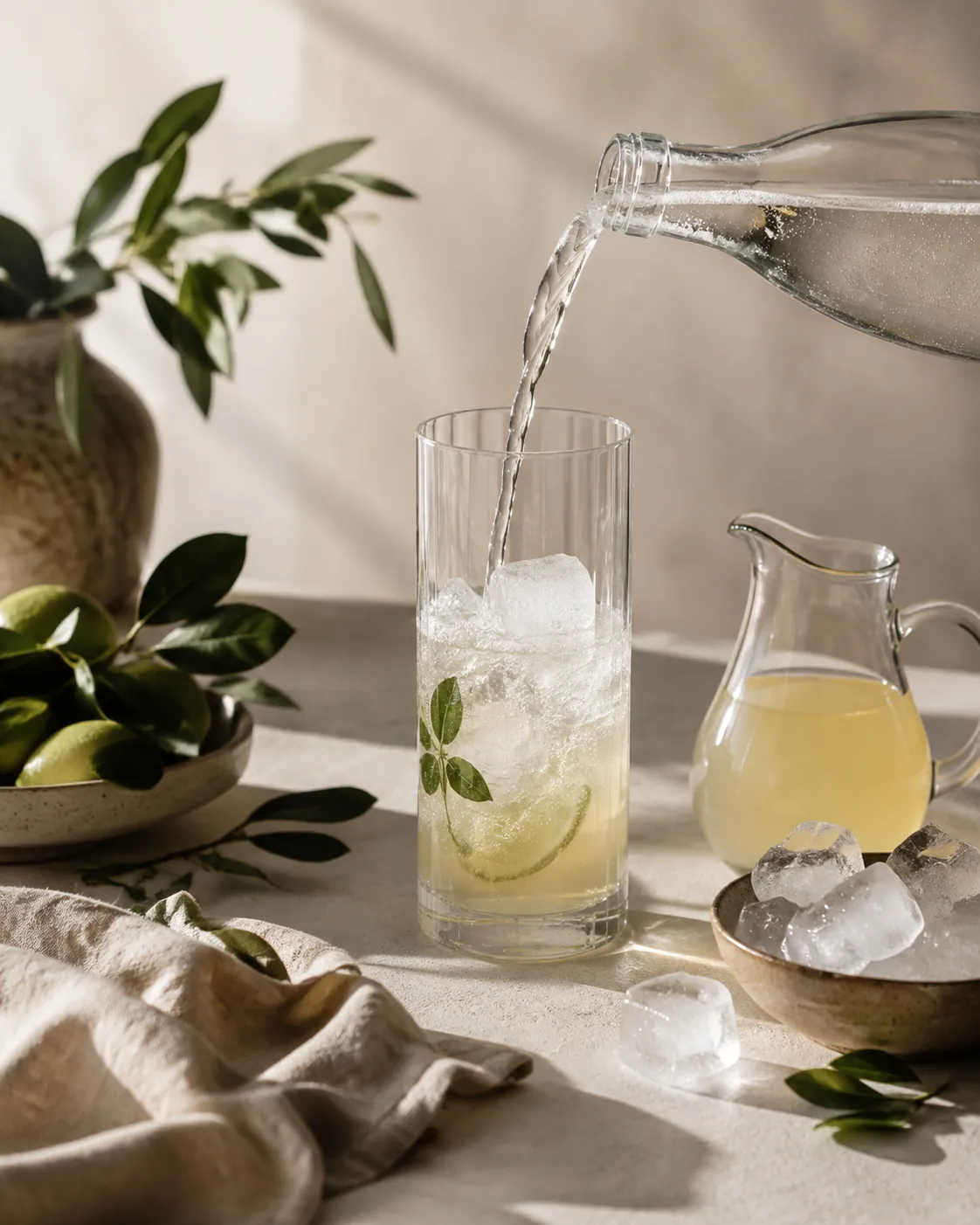 A tall glass being topped with clear sparkling water from a plain bottle, a jug of pale cordial and a bowl of large ice cubes on the bench beside it