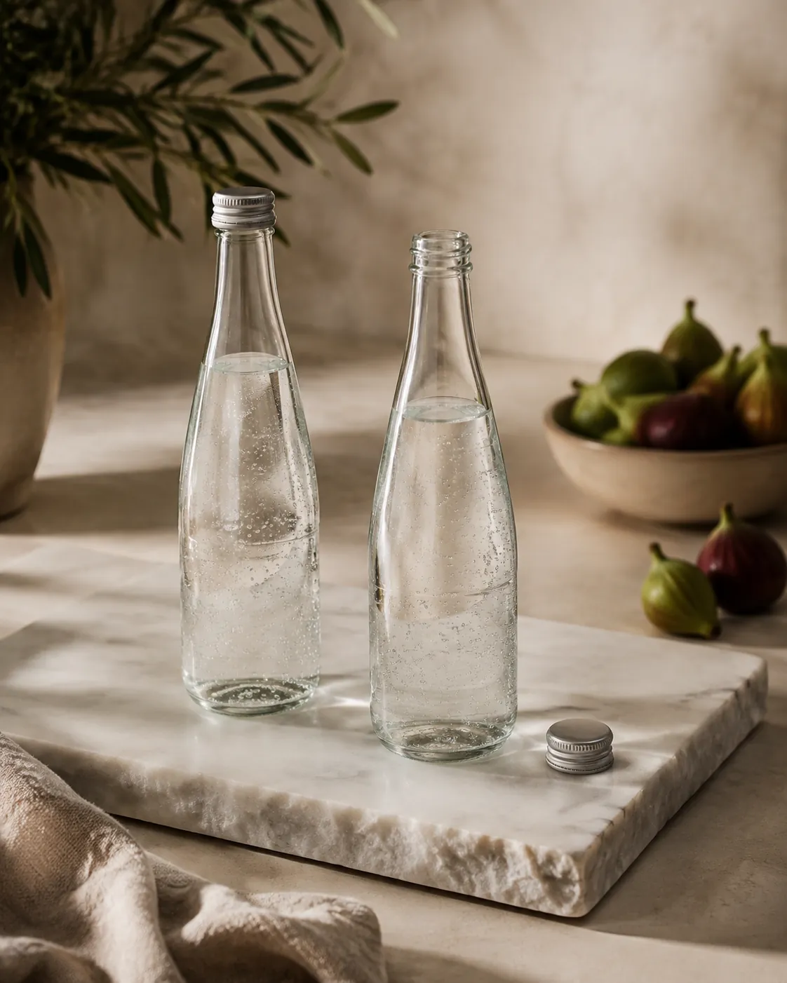 Two identical part-empty clear bottles of sparkling water standing on a cold marble slab, one capped and one open