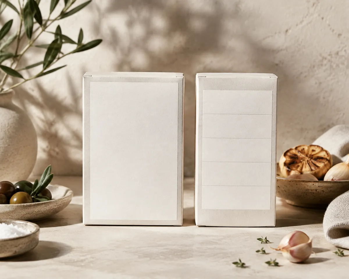 Two blank white ingredients panels printed on plain packaging photographed side by side on a bench, one line of text on the left and several on the right