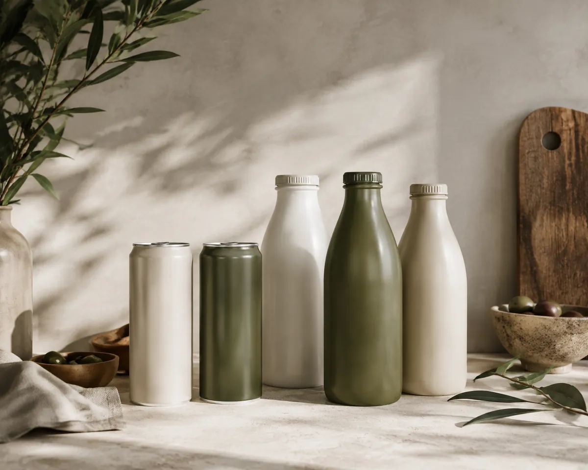 A row of plain unbranded bottles and slim cans standing on a chiller shelf, all packaging blank, cool light falling from above