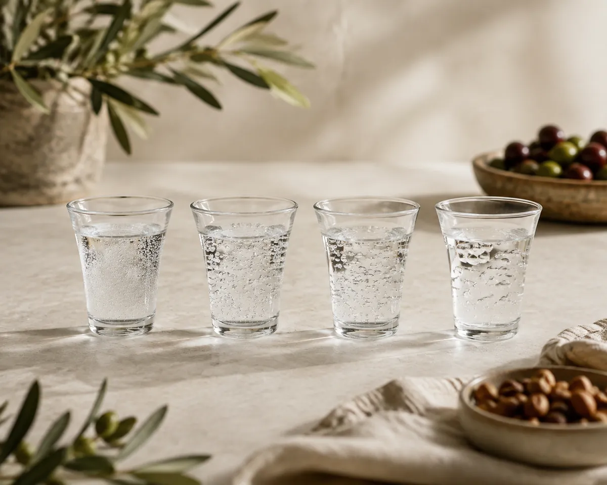 Four identical small tasting glasses of clear sparkling water in a row on a grey surface, backlit so the bubble sizes differ visibly